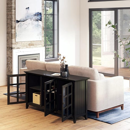 SIMPLIHOME Acadian SOLID WOOD 62 inch Wide Transitional Wide Storage Cabinet in Black, with 3 Tempered Glass Doors, 3 Adjustable Shelves
