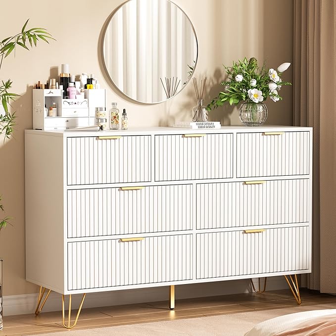 Dresser for Bedroom, Modern Fluted 47.2" Wide Chest of Drawers with Gold Pulls and 7 Drawers, 15.7" D x 47.2" W x 31.4" H, White
