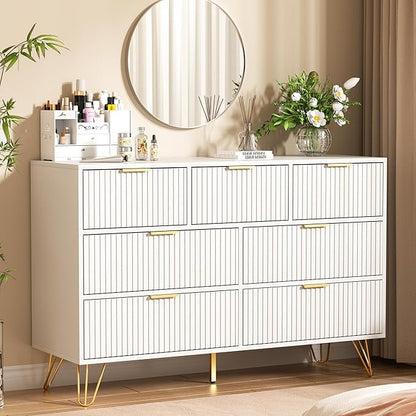 Dresser for Bedroom, Modern Fluted 47.2" Wide Chest of Drawers with Gold Pulls and 7 Drawers, 15.7" D x 47.2" W x 31.4" H, White