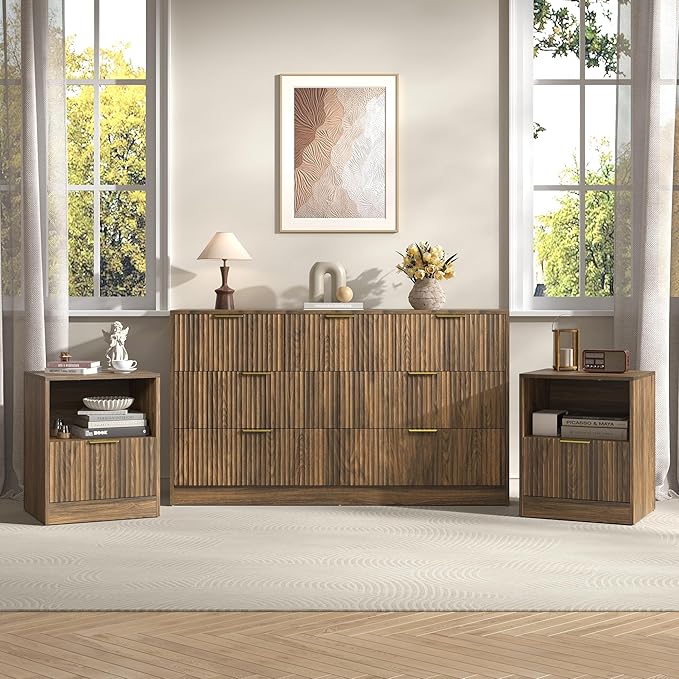 3-Piece Modern Bedroom Furniture Set, Wide 7-Drawer Dresser & 1-Drawer Nightstands Set of 2, Natural Wood Dresser and Nightstand Sets for Bedroom, Hallway, Walnut