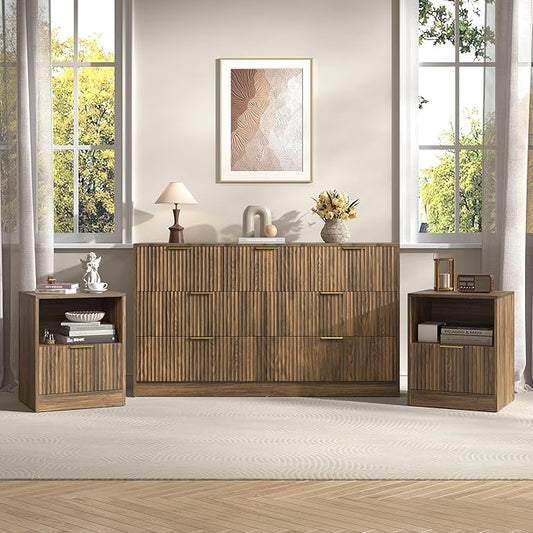 3-Piece Modern Bedroom Furniture Set, Wide 7-Drawer Dresser & 1-Drawer Nightstands Set of 2, Natural Wood Dresser and Nightstand Sets for Bedroom, Hallway, Walnut