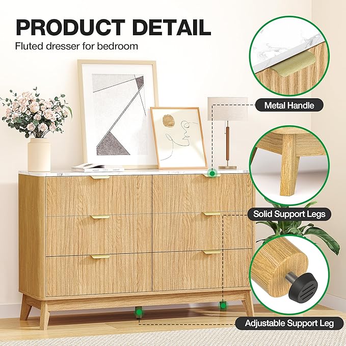 Fluted 6 Drawer Dresser, 47" Wide Chest of Drawers with Faux Marble Top, Modern Dresser TV Stand, Wood Closet Clothes Storage Organizer with Curved Edges for Bedroom, Living Room, Natural