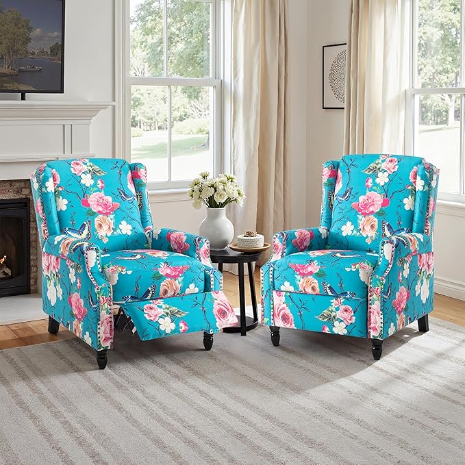 Pushback Recliner Chair, Floral Fabric Wingback Recliner Chair, Upholstered Armchair Push Back Recliner, Rivet Trim Single Sofa Accent Chair with Wood Legs for Living Room, Peacock Blue
