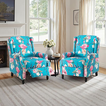 Pushback Recliner Chair, Floral Fabric Wingback Recliner Chair, Upholstered Armchair Push Back Recliner, Rivet Trim Single Sofa Accent Chair with Wood Legs for Living Room, Peacock Blue