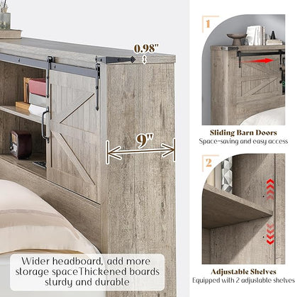 AMERLIFE Farmhouse King Bed Frame, Rustic Wood Platform Bed w/Barn Door Storage Bookcase Headboard & Charging Station, Bedroom Furniture, No Box Spring Needed, Light Grey