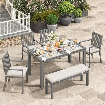 Wisteria Lane Aluminum 6 Pieces Patio Dining Sets, Outdoor Dining Table with 4 Chairs and Bench, Outdoor Patio Dining Furniture Set with Removable Cushion for Lawn, Garden, Backyard, Gray