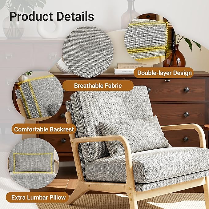 Claiks Mid-Century Modern Accent Chair, Living Room Armchair with Solid Wood Frame & Lumbar Pillow, Comfy Upholstered Lounge Chair for Bedroom, Office, Linen-Like Fabric, Dark Gray