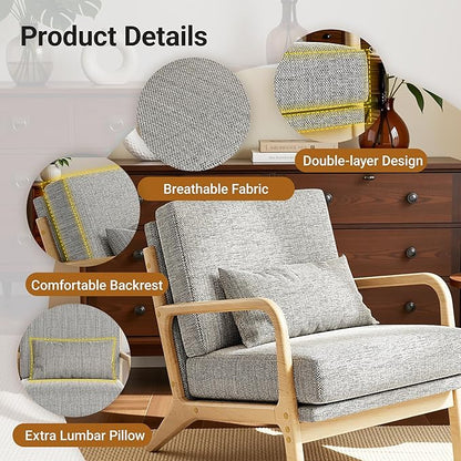 Claiks Mid-Century Modern Accent Chair, Living Room Armchair with Solid Wood Frame & Lumbar Pillow, Comfy Upholstered Lounge Chair for Bedroom, Office, Linen-Like Fabric, Dark Gray