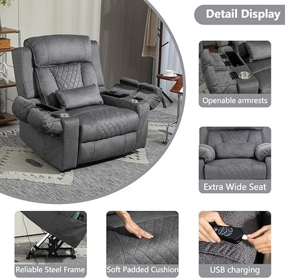 Big Man Power Lay Flat Lift Chair Oversized Recliner Dual Motor Heat Vibration for Elderly, Overstuffed Electric 28" Extra Wide Recliners with Flip Arm Storage Cup Holders,USB Type C Charging
