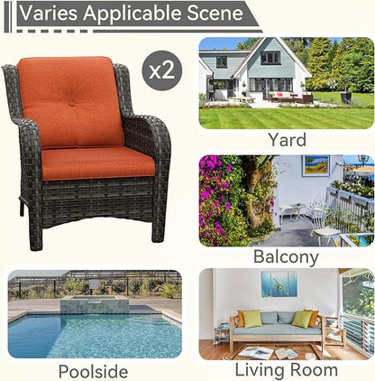 Patio Wicker Chairs Set of 2, Patio Rattan Dining Chairs with 3.5-inch Seat Cushions, High Back and Curved Armrest for Garden, Backyard, Balcony and Deck, Orange