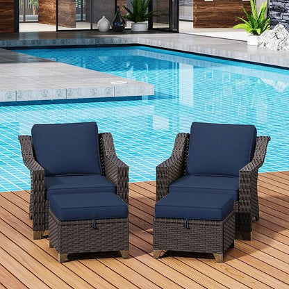 4 Pieces Patio Conversation Furniture Set - 2 Chairs with Ottomans Set of 2, Outdoor Wicker Armchairs with Water-Resistant and Washable Cushions for Porch, Balcony, Sunroom (Navy Blue)