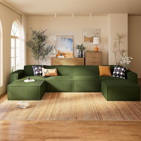 Marsail Modular Sectional Sofa, 142" U-Shaped Modular Sectional Couch with Deep Seat, Freely Combinable Sectional Cloud Sofa for Living Room, No Assembly, Plush Corduroy Fabric, Green