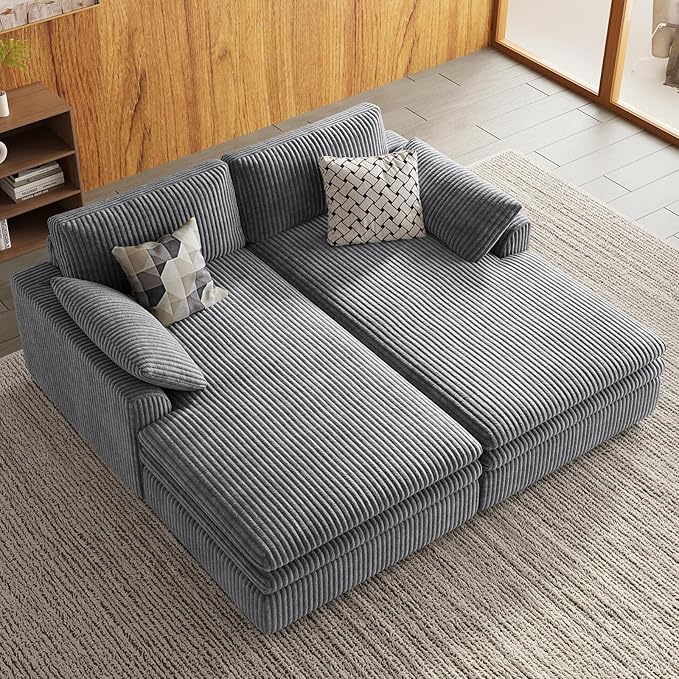 Belffin Large Modular Sectional Sofa with Deep Chaise, 73.6" Corduroy L Shaped Couch with 9" Soft Dual-Layer Seats Cushion for Living Room, Apartment, Light Grey