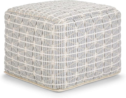 SIMPLIHOME Noreen Boho Square Pouf in Light Blue, White Handloom Woven Pattern for the Living Room, Bedroom and Kids Room