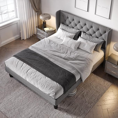 Allewie Queen Size Bed Frame with Button Tufted Wingback Headboard, Modern Upholstered Bed Frame with Solid Wooden Slats Support - No Box Spring Needed, Easy Assembly, Light Grey