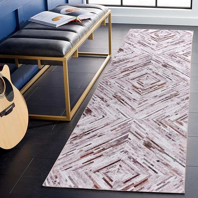 SAFAVIEH Washable Rug Faux Hide Collection - 2'6" x 10' Runner, Beige & Brown, Slip Resistant, Western Rustic Decor, Printed Pattern, Ideal for Living Room, Bedroom, Office, Dining Space (FAH526A)