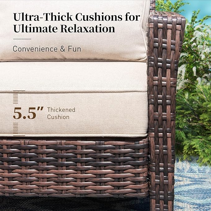 6 Piece Patio Furniture Set with Swivel Chairs, High Back Wicker Rattan Sofa with Extra Thick Cushion, Coffee Table and Ottoman, Outdoor Conversation Set for Backyard Deck,Beige