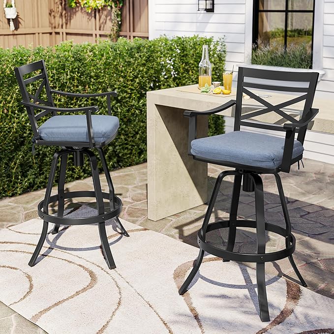 Pellebant 30" Sunbrella Outdoor Bar Stools Set of 4, Aluminum Swivel Patio Bar Height Bar Stools with Back & Footrest, for Deck Lawn Garden(Spectrum Denim)