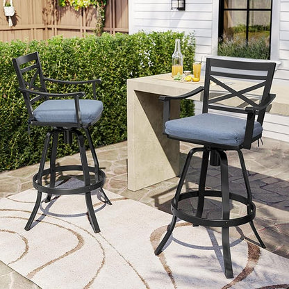 Pellebant 30" Sunbrella Outdoor Bar Stools Set of 4, Aluminum Swivel Patio Bar Height Bar Stools with Back & Footrest, for Deck Lawn Garden(Spectrum Denim)