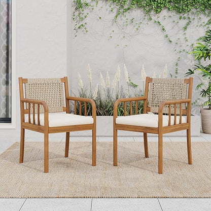 Christopher Knight Home Vera Outdoor Dining Chairs Set of 2, Acacia Wood Dining Chairs, Rattan Woven Back Armchair, Armchair with Cushion Seat, Patio Chair for Poolside Garden Balcony, Teak+Cream