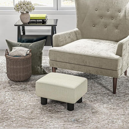 HOMCOM Ottoman Foot Rest, Small Foot Stool with Linen Fabric Upholstery and Plastic Legs, Cube Ottoman for Living Room, Beige