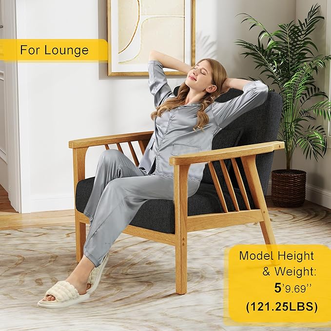 Mid-Century Modern Accent Chair, Linen Armchair and Lounge Chair with Lumbar Pillow, Wide Seat & Solid Wood Frame for Living Room, Bedroom or Balcony （Dark Gray）