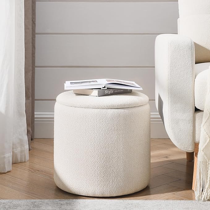 DAGONHIL 2-Piece Set Round Chenille Storage Ottoman, Equipped with a Drum Shaped Small Stool, Storage Space, and MDF Made Desktop Panel (Beige 23.6"x23.6"x16.5")