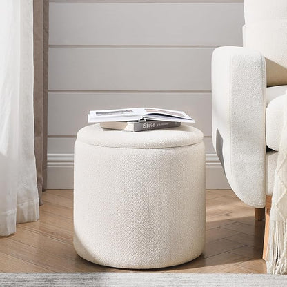 DAGONHIL 2-Piece Set Round Chenille Storage Ottoman, Equipped with a Drum Shaped Small Stool, Storage Space, and MDF Made Desktop Panel (Beige 23.6"x23.6"x16.5")