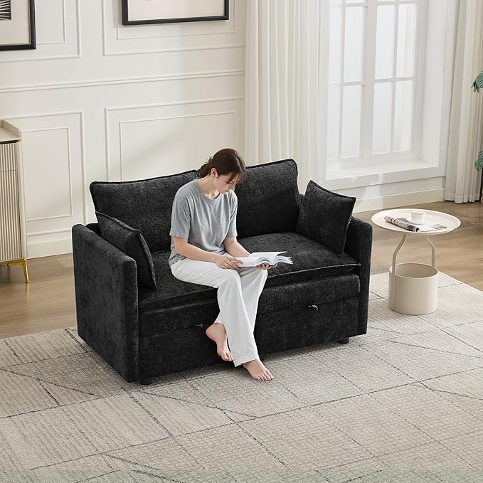 55" Cloud Modular Loveseat Sofa with Storage, Modern Upholstered Sofa Couch Small Love Seat，2 Seater Chenille Comfy Sectional Sofa with Armrests for Living Room, Small Space, Black