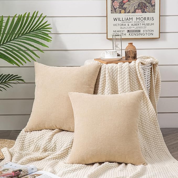 GAWAMAY Decorative Chenille Throw Pillow Covers 26x26 Inch Pack of 2, Soft Square Couch Pillow Cover for Sofa Cushion Living Room Bedroom Solid Dyed Oversized Pillowcases Beige 66x66cm (ONLY Covers)