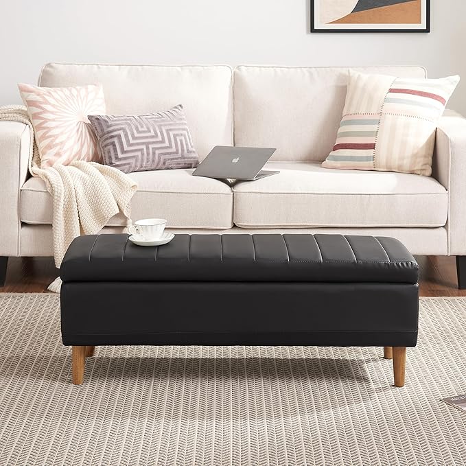 VECELO 44.5" Storage Ottoman Bench, Black Ottoman with Storage, Safety Hinge & Solid Wood Legs, Faux Leather Upholstered Ottoman with Seat for Living Room, Entryway, Holds up to 330 lb