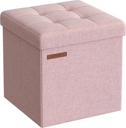 SONGMICS Storage Ottoman, Foldable Small Ottoman Foot Rest, 11.8 Inches Foot Stool, Cube Ottoman with Storage, Load up to 286 lb, for Living Room, Bedroom, Dorm, Jelly Pink ULSF028R01