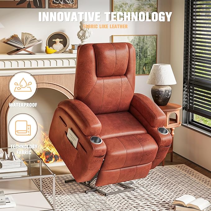 Flamaker Power Lift Recliner Chair Electric Lift Recliner for Elderly Power Lift Recliner Chair with Cup Holders Side Pockets for Living Room (Leather, Gray)