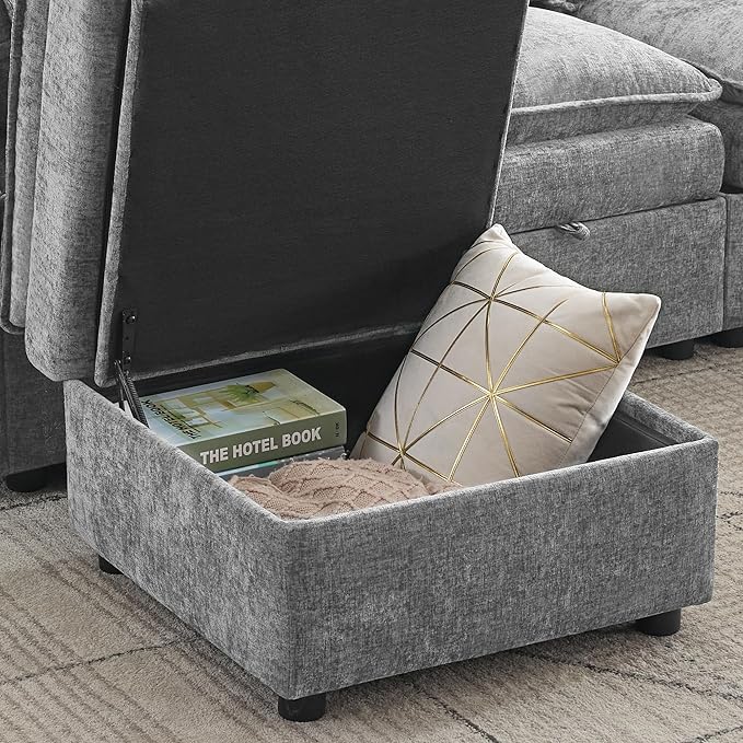27" Large Square Ottoman with Storage, Modern Upholstered Footrest with Anti-Slip Legs for Couch Coffee Table Living Room, Bedroom, Entryway, Chenille Light Grey