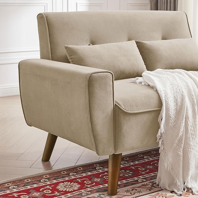 48.8" Small Loveseat Sofa, Mid Century Modern Love Seat Couch with Back Cushions and Plastic Legs, 2 Seater Couches for Living Room, Bedroom, Small Spaces, Beige
