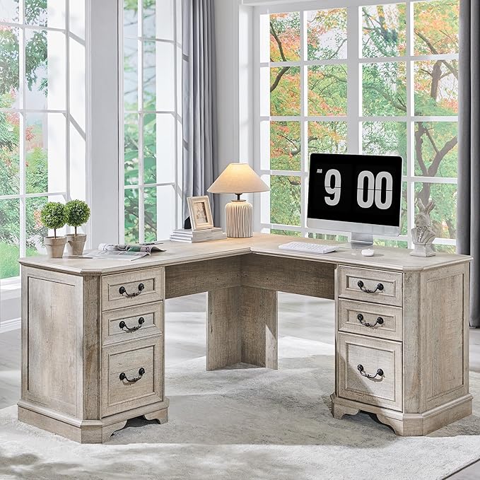 T4TREAM L Shaped Desk with Drawers,59" Farmhouse Wood Home Office Executive Desk,Charging Station,File Drawer, Storage Cabinet,Computer Desk for Work and Study (Light Rustic Oak)