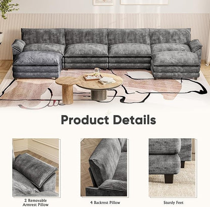 Furniwell Modular Sectional Sofa with Moveable Ottoman, Oversized 3-Seater Couch with Supportive Backrest, Chenille Convertible Sofa Couches for Living Room/Apartment (Grey, U Shaped)