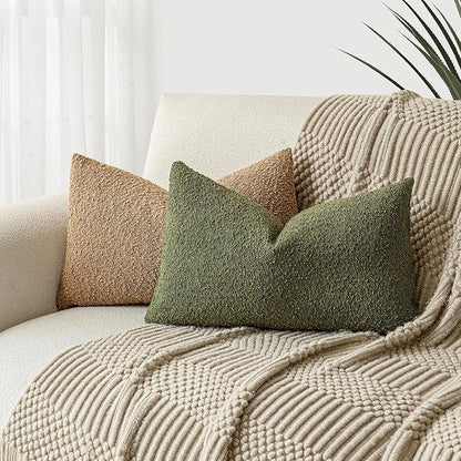Foindtower Pack of 2 Modern Textured Boucle Throw Pillow Covers Accent Solid Decorative Lumbar Pillow Cases Cozy Couch Cushion Case for Chair Sofa Bedroom Living Room Home Decor, 12 x 20 Inch,Green