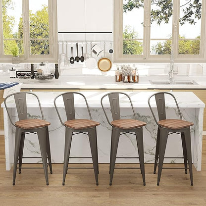 Aklaus Swivel Metal Bar Stools with Backs Counter Stools Set of 4 Counter Height Stools High Back Bar Chairs 24 Inch BarStools Farmhouse Rusty Barstools