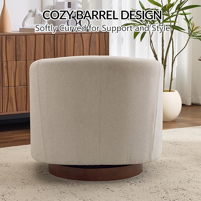 AEDI Swivel Accent Chair with Solid Wood Base, Upholstered Barrel Armchair for Living Room, Modern Small Club Chair,Beige