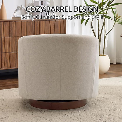 AEDI Swivel Accent Chair with Solid Wood Base, Upholstered Barrel Armchair for Living Room, Modern Small Club Chair,Beige