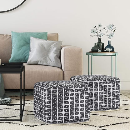 SIMPLIHOME Noreen Boho Square Pouf in Slate Grey and White Handloom Woven Pattern for the Living Room, Bedroom and Kids Room