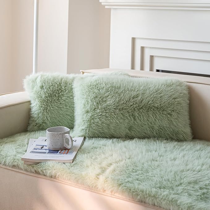 Neelvin Green Faux Fur Cozy Fluffy Double-Sided Decorative Throw Pillow Covers 12x20 inch Set of 2,Velvet Pillowcase Cushion Case for Sofa Couch