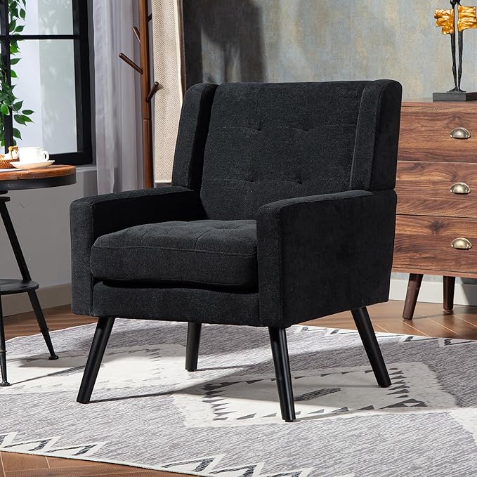 Mid-Century Modern Accent Chair, Plush Linen Fabric with Button Tufted High Back & 5" Thick Cushion, High Comfort Reading Chair for Living Room, Bedroom, Office (Black)