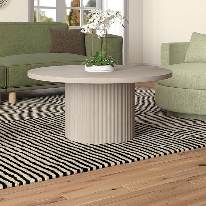 Henn&Hart 32" Fluted Round Wood Pedestal Low-Profile Coffee Table for Living Room, Family Room, Office, or Apartment, Alder White