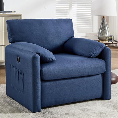 Oversized Accent Chair 38" Wide Mid-Century Modern Armchair for Living Room,USB and Type-C Ports,Comfy Reading Chairs for Bedroom with Side Pockets,Single Sofa Chair (Blue, Set of 1)