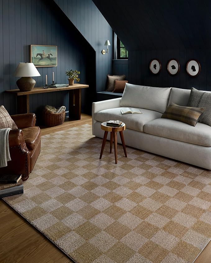Loloi Chris Loves Julia Calvin Collection CLV-01 Wheat/Ivory 5'-3" x 5'-3" Round Area Rug Checkered Neutral Soft Living Room Bedroom Carpet