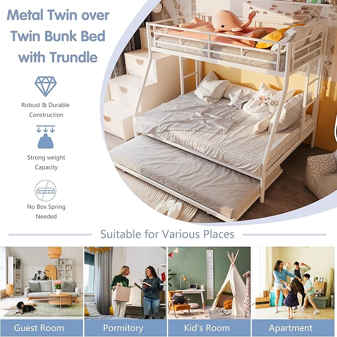 SUNLEI Metal Bunk Beds with Double Secured Ladders, Twin Over Full Bunk Bed with Surrounded Safety Guardrails, Space Saver Twin Beds, Noise Free for Small Bedroom, with Trundle, White