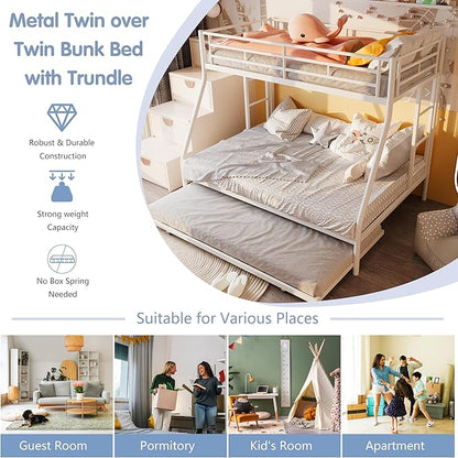 SUNLEI Metal Bunk Beds with Double Secured Ladders, Twin Over Full Bunk Bed with Surrounded Safety Guardrails, Space Saver Twin Beds, Noise Free for Small Bedroom, with Trundle, White