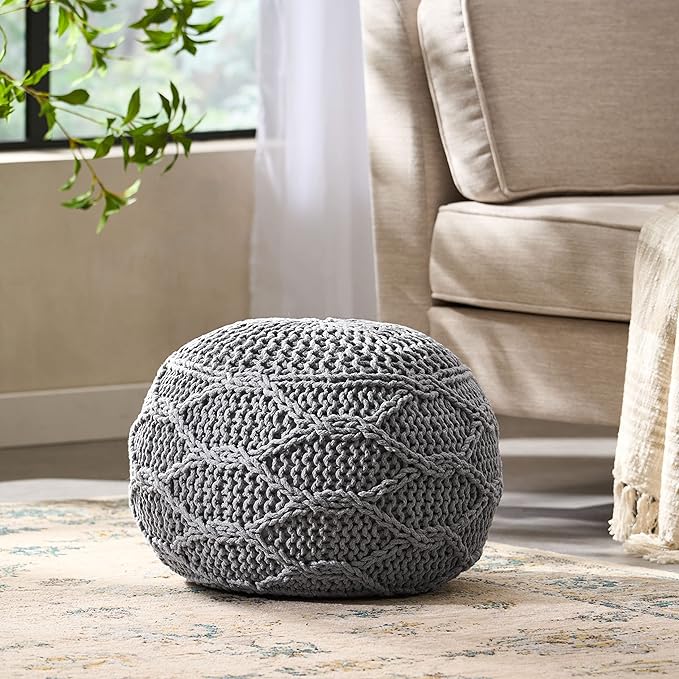 Christopher Knight Home Morven Knitted Round Pouf - Cotton - Gray